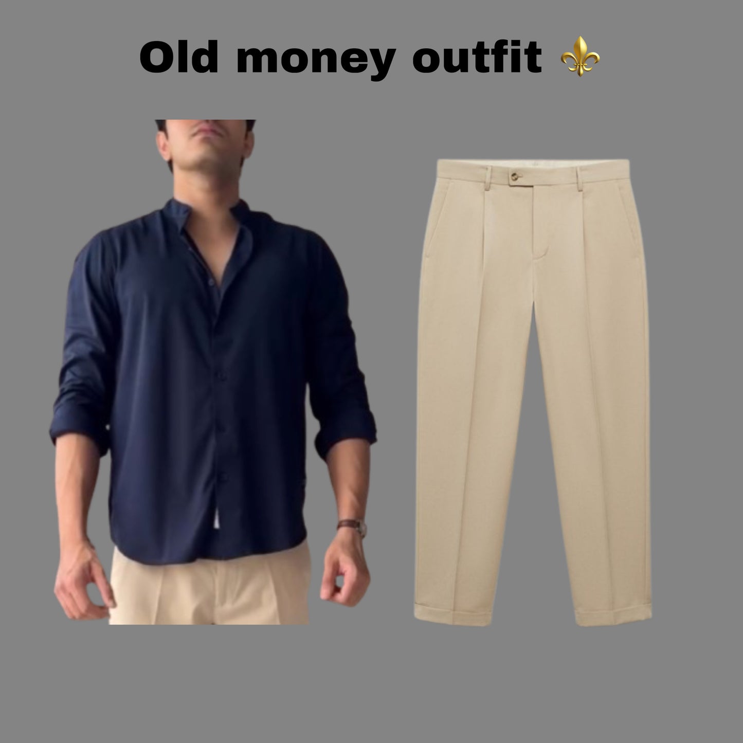 Navy blue shirt with beige straight fit pants
