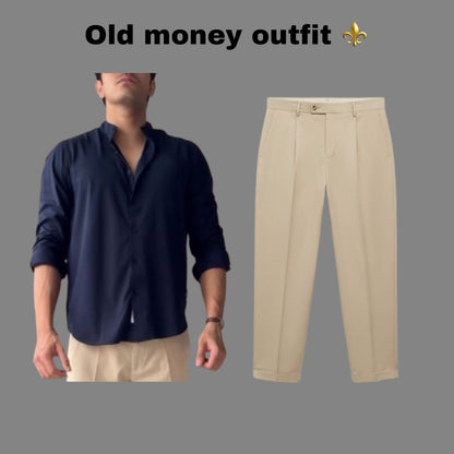 Navy blue shirt with beige straight fit pants