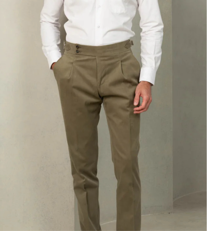 Olive Green Tuxedo pants with double buckles for adjustments