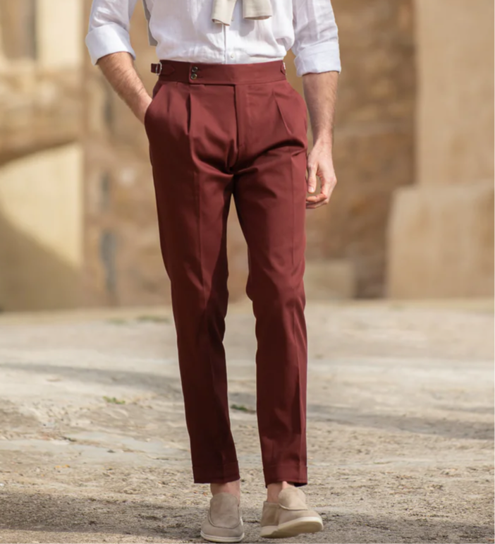 Rust Maroon tuxedo pants with double Buckles for adjustment