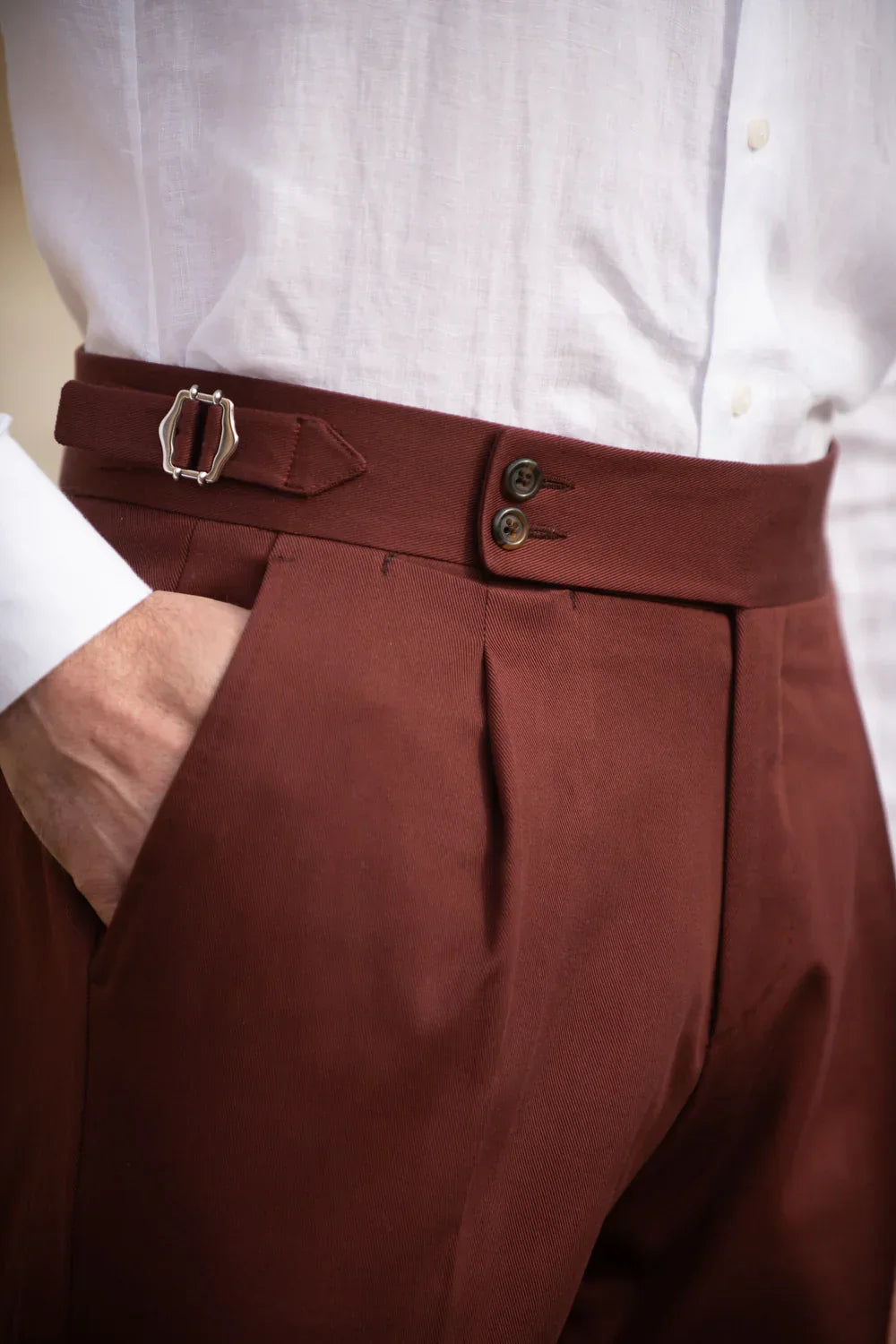 Rust Maroon tuxedo pants with double Buckles for adjustment