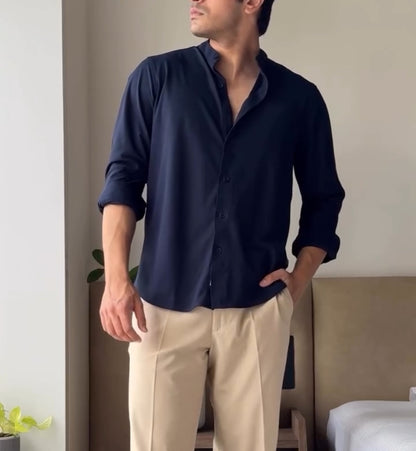 Navy blue mendarin collar linen shirt