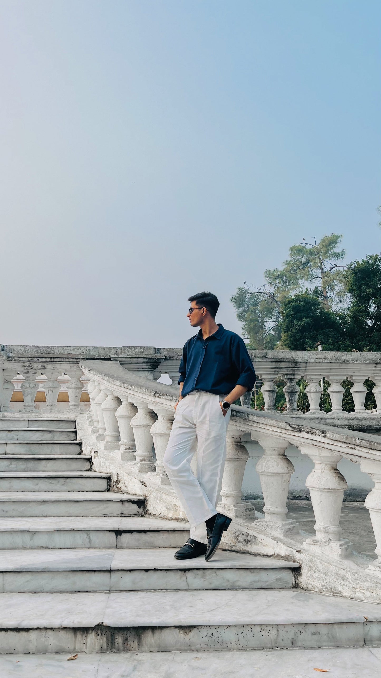 Old money fit with white linen pant and Blue textured full sleeves linen shirt