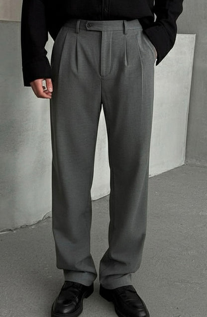 Gray straight fit pleated pants