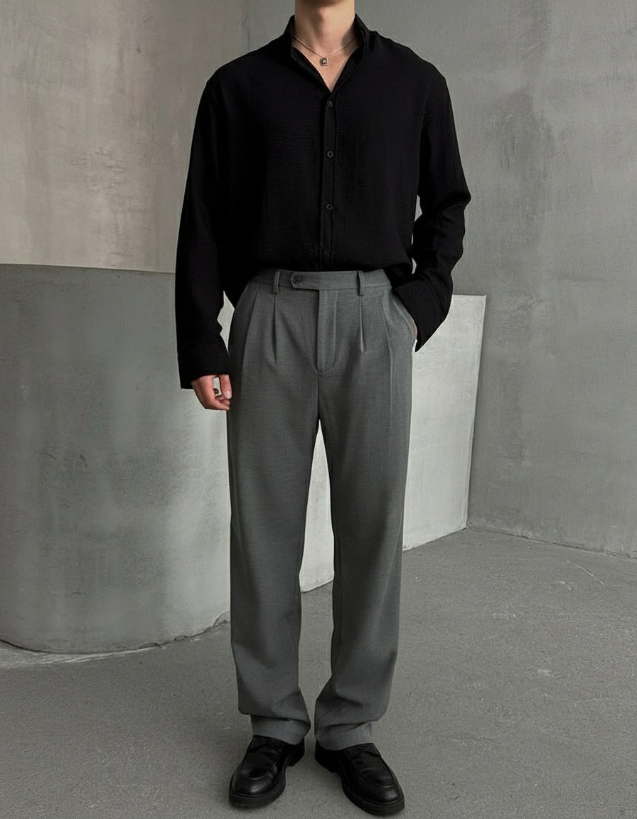 Black Irish linen shirt with gray straight fit pants