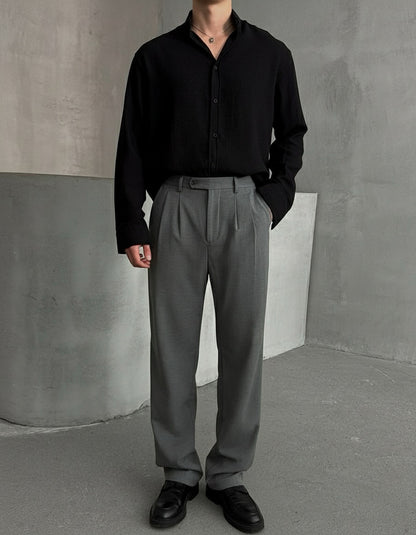 Black Irish linen shirt with gray straight fit pants