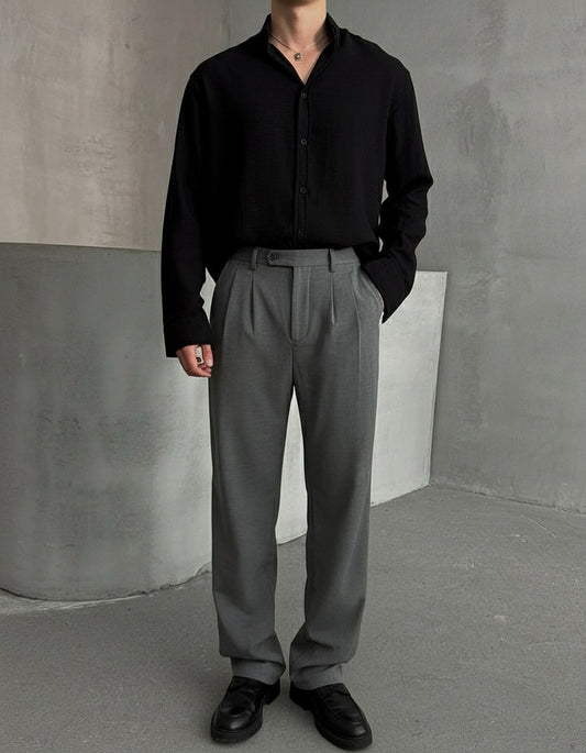 Black Irish linen shirt with gray straight fit pants