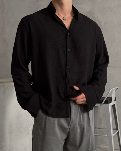 Black Irish linen shirt with gray straight fit pants