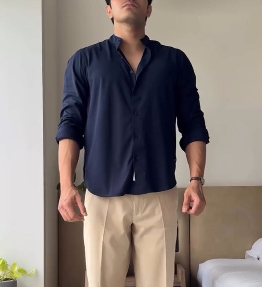 Navy blue mendarin collar linen shirt