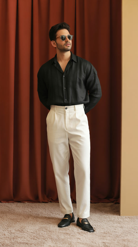 Black linen shirt with off white pleated pants