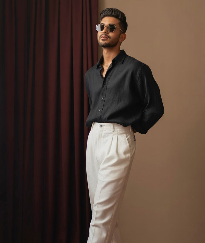 Black linen shirt with off white pleated pants