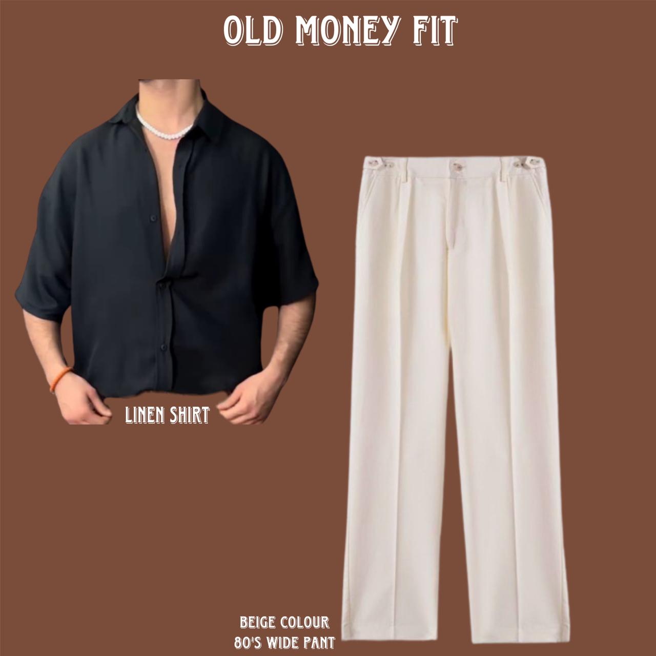 Old money fit with black drop shoulder shirt and beige colour linen wide leg pant