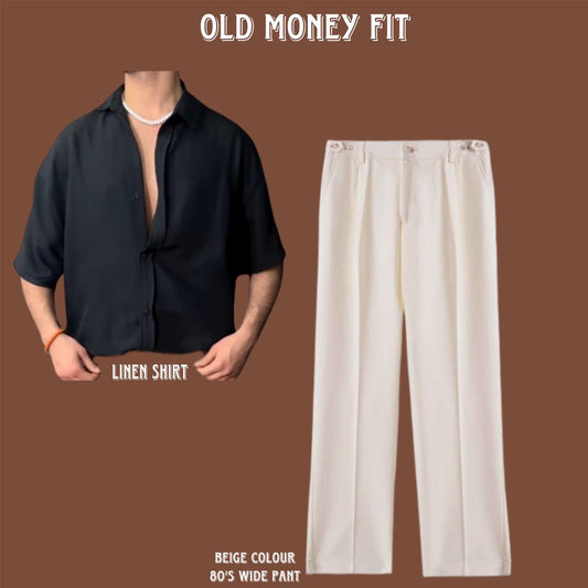 Old money fit with black drop shoulder shirt and beige colour linen wide leg pant