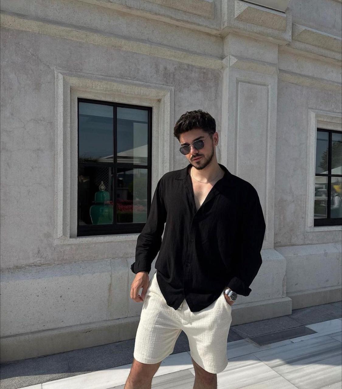 old money fit with black full sleeves shirt and Crushed fabric shorts