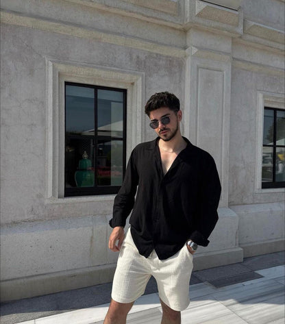 old money fit with black full sleeves shirt and Crushed fabric shorts
