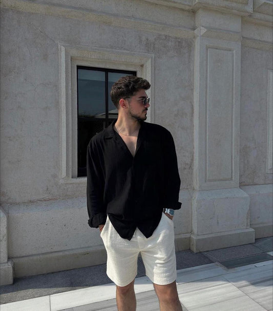 old money fit with black full sleeves shirt and Crushed fabric shorts